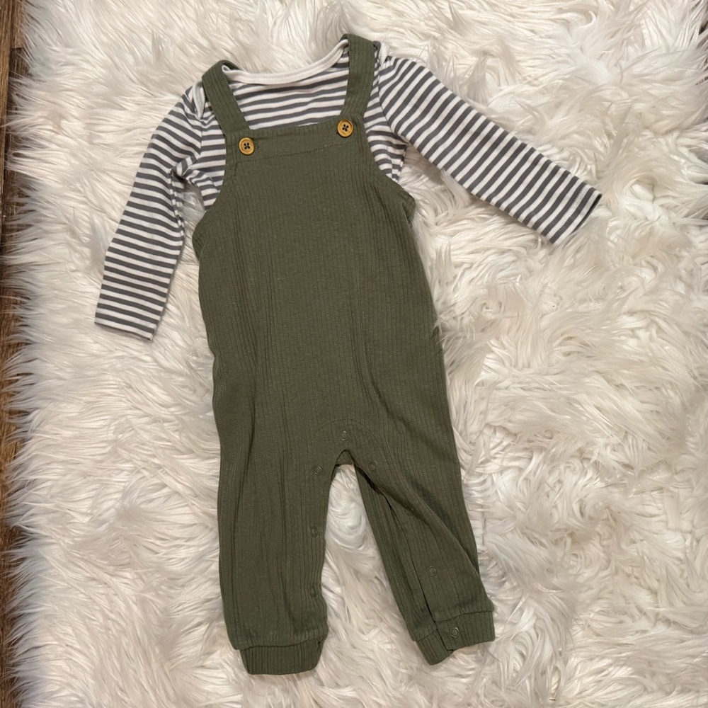 Cat & Jack Baby Boy 3-6M Overalls & Striped Bodysuit Set Green Gray
